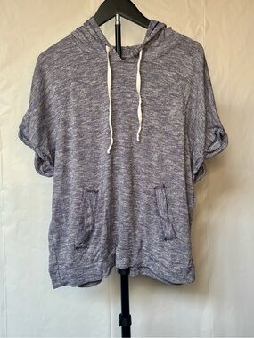 Lightweight Heathered Blue Hooded Short Sleeve Sweatshirt